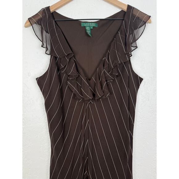 Lauren Ralph Lauren Vintage Y2K Silk Brown Pinstripe Ruffle Midi Dress Size 16 - Picture 2 of 4